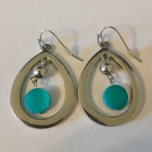 Blue & Silver Tone Teardrop Geometric Stylish Fashion Drop Earrings